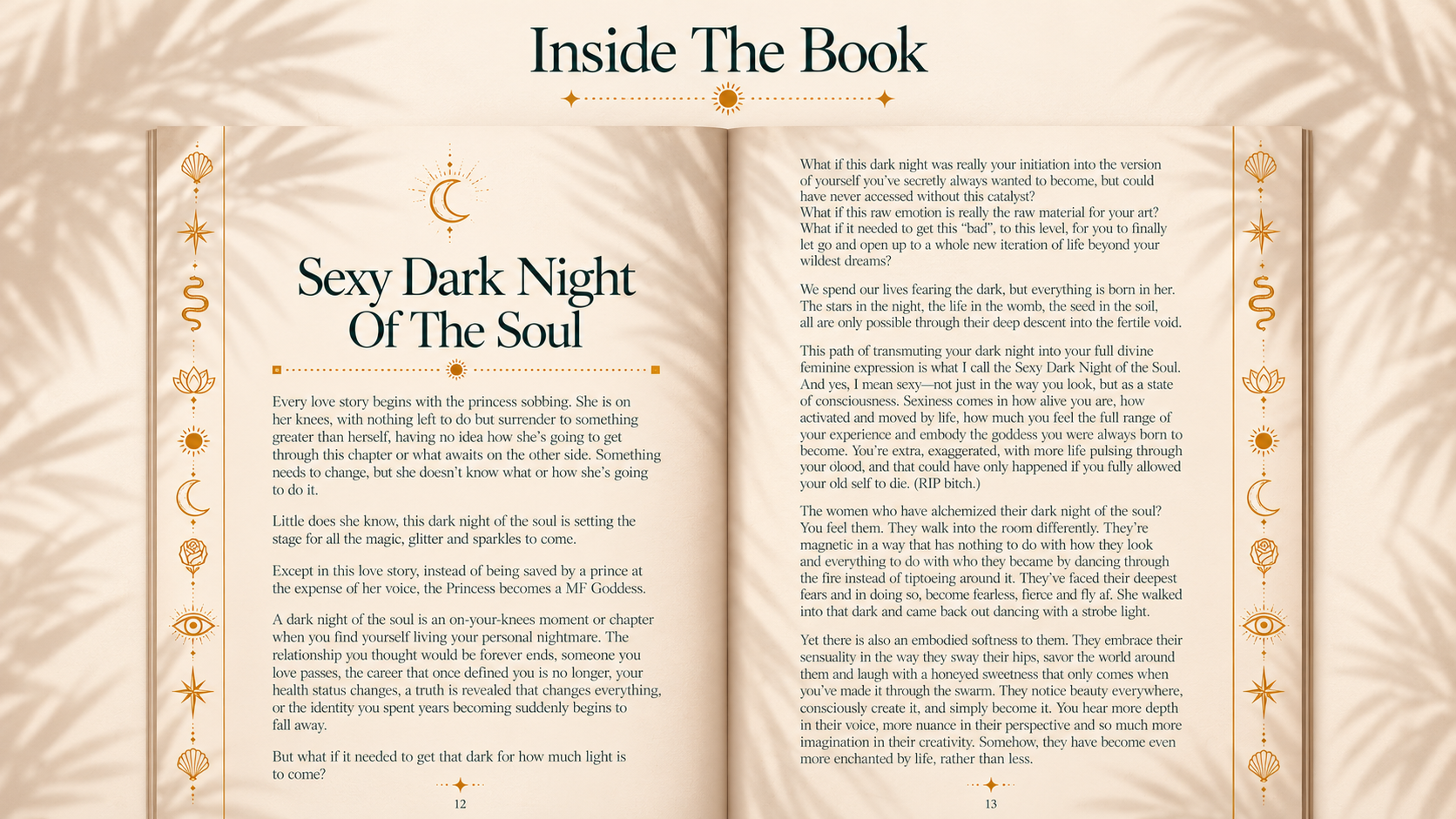 Inside The Book: Sexy Dark Night Of The Soul, pages 12–13, framed by ornate gold hieroglyphics and leaf shadows.